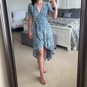 The Vanity Room Light Blue Crushed Velvet Puff Sleeve High Low Wrap Dress XS